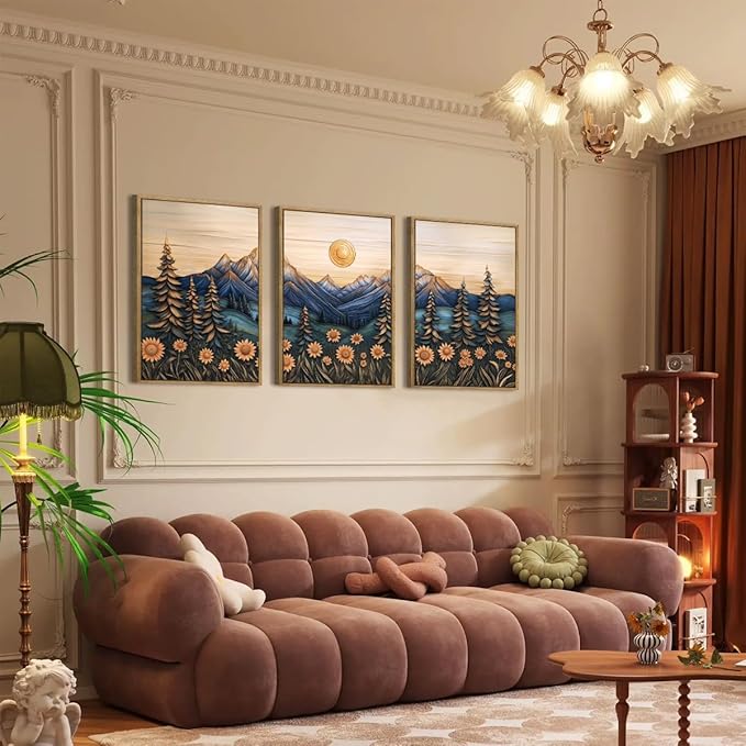 Large Natural Floral Mountain Framed Canvas Wall Art,Vintage Forest Wall Decor,Boho Abstract Moonlight Landscape Artwork,Mid Century Scenery Art Print for Living Room,Bedroom,Office- 24"x36"x3