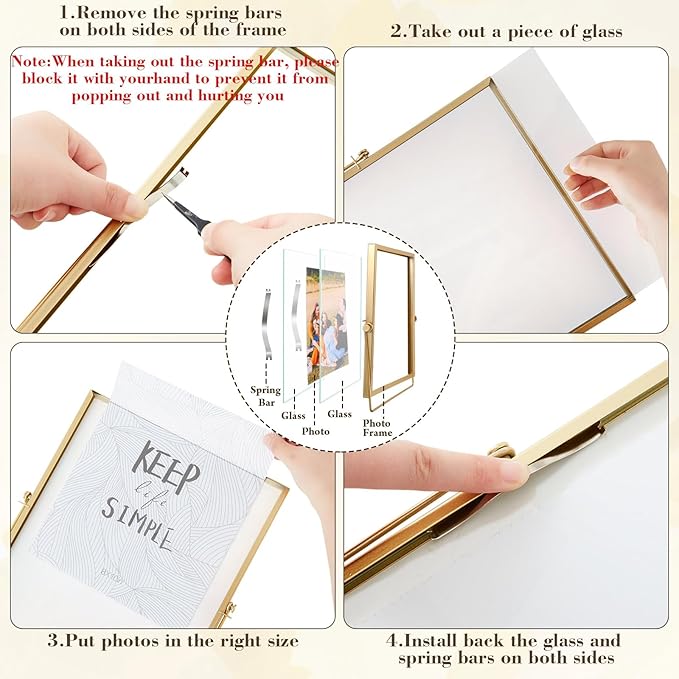 Hoteam 6 Pieces 8x10 Inch Gold Floating Frame Glass Picture Photo Frame Bulk Metal Vintage Geometric Vertical Tabletop Display or Wall Mounting Decor