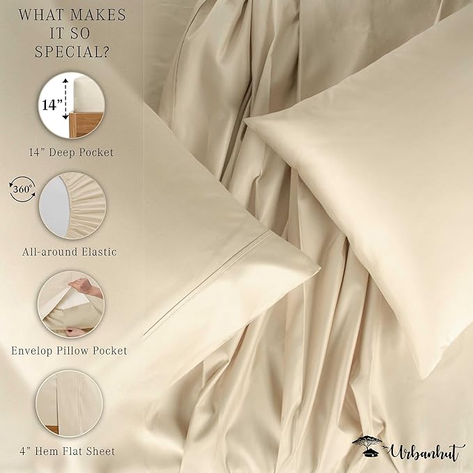 URBANHUT 700 Thread Count Twin Sheet Set Egyptian Cotton Sheets, 4Pc Sheet Set Soft Luxury Bed Sheets for Twin Size Bed, Sateen Weave Hotel Sheets, 14" Elasticized Deep Pocket - Ivory