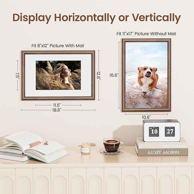 11x17 Picture Frame, USA-Sourced Walnut Wood Frame with Tempered Glass, Display 8x12 with Mat or 11x17 Without Mat, 11 by 17 Photo Frame for Vertical & Horizontal Display, Handcrafted, 1 Pack