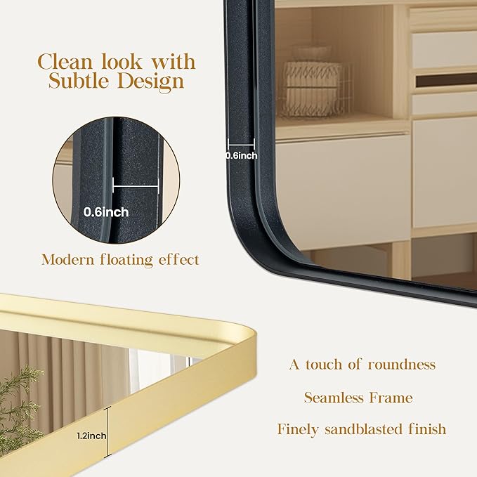 28×32 Glod Bathroom Mirror, Rectangular Bathroom Vanity Mirror for Wall with Rounded Corners & Aluminum Alloy Frame, Tempered-Glass, Modern, Farmhouse, Horizontal/Vertical, Entryway, Bedroom