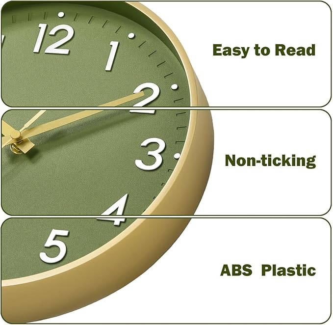 Mosewa Wall Clock 14 Inch, Battery Operated Non-Ticking Analog Clock Decorative for Kitchen, Bedroom, Office, Home(Gold)