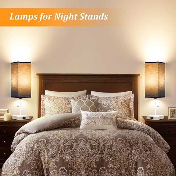 Table Lamp for Bedroom set of 2,3-Color Bedside Lamps with Pull Chain Table Lamps for Nightstand with AC Outlets,18'' Night Light Lamps with 2 Bulbs Lamps for Living Room Kids Office Decor（White-blue）