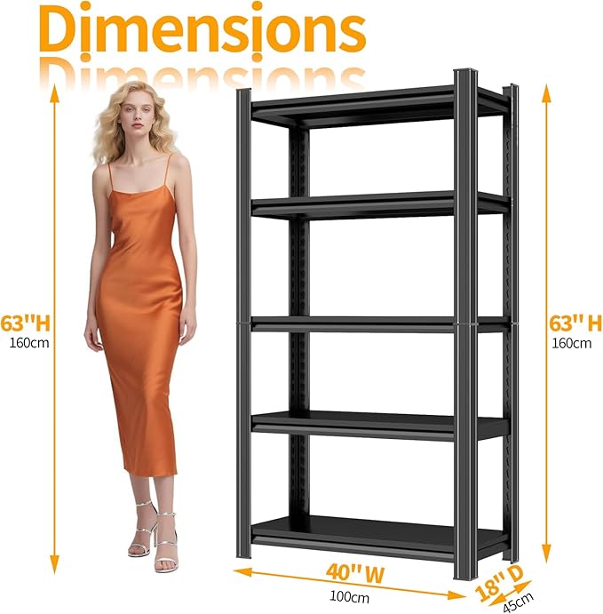 Tall Bookshelf with Open Shelves, Metal Office Book Shelf, Adjustable Organizer Bookcase, Standing Storage Organizer Shelf for Living Room (5tier 39.4" W x 17.7" D x 63" H)