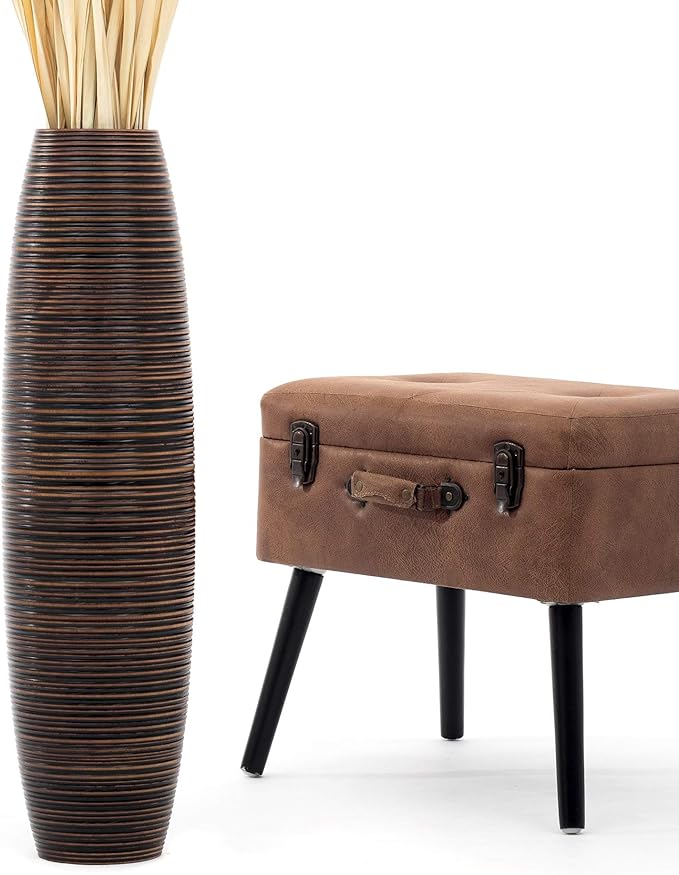 Leewadee Large Brown Home Decor Floor Vase – Wooden 26 inches Tall Farmhouse Decor Flower Holder for Fake Plant and Pampas Grass