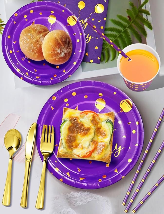 Birthday Party Tableware, 161 Pieces Purple Gold Party Supplies, Dinnerware Sets Include Paper Plates Napkins Cups Silverware, for Shower Engagement Parties Decoration -20 Serves