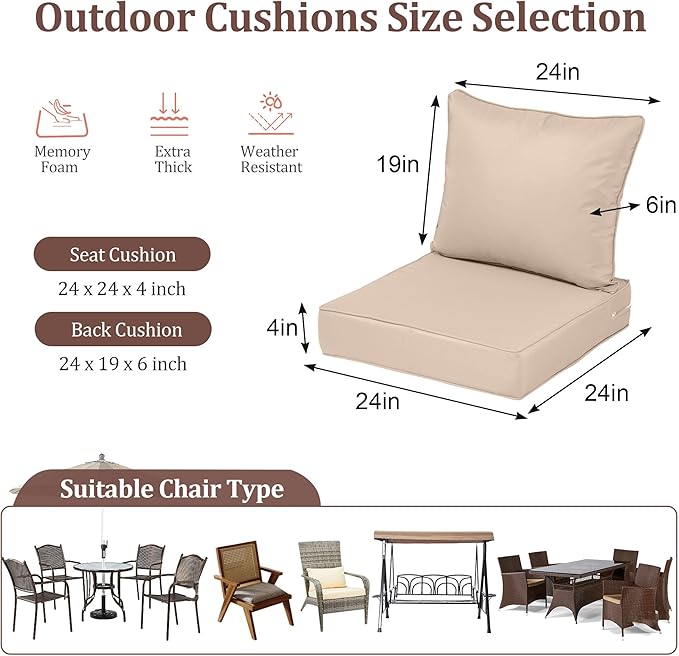 Outdoor Deep Seat Cushions for Patio Furniture Set of 2, Waterproof Outdoor Chair Cushions 24 x 24 x 4'' Patio Furniture Cushion with Fade Resistant Removable Cover, Handle & Straps, Khaki