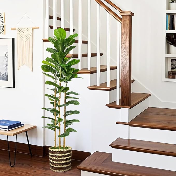 Artificial Fiddle Leaf Fig Tree Indoor with Woven Basket - 5ft Tall Fake Tree with Real-Wood Trunk,Faux Plants for Living Rooms, Offices, Kitchens & Outdoor Spaces (Round Basket)