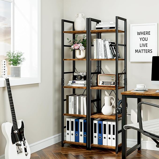 NUMENN 5 Tier Slim Bookshelf, Tall Bookcase Shelf Storage Organizer, Modern Book Shelf for Bedroom, Living Room and Home Office, Vintage