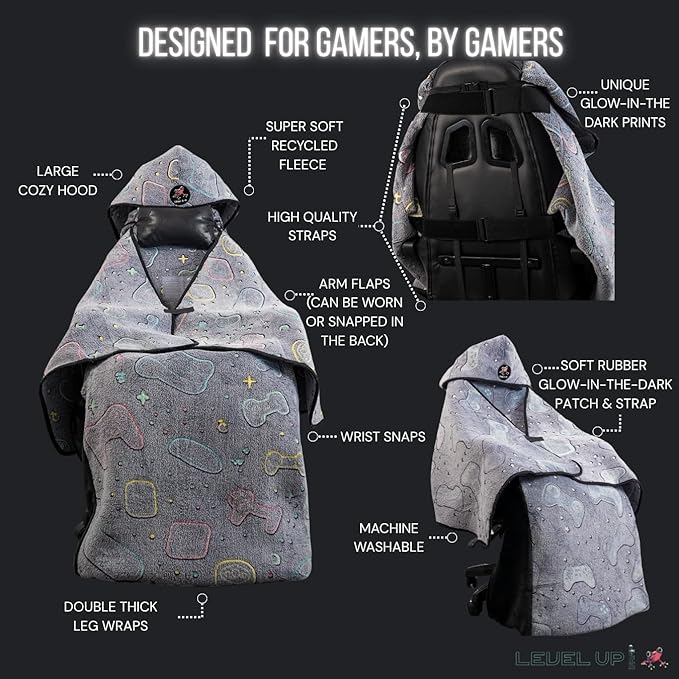 LEVEL UP WRAP® – Glow-in-The-Dark Gaming Chair Blanket with Hood | Cozy, Oversized Fit | Secure Attachment | Easy-Wash, Eco-Friendly Fleece | Gamer Gift | Pattern: Cosmic Controllers