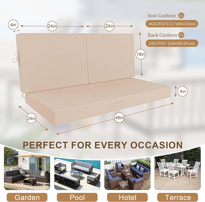 Outdoor Loveseat Cushion Set 46 x 26 Inch, Waterproof & Fade-Resistant Deep Seat Patio Cushions with Removable Cover, Ties & Hidden Zipper, Patio Love Seat Sofa Cushions for Sofa Bench Couch,Khaki