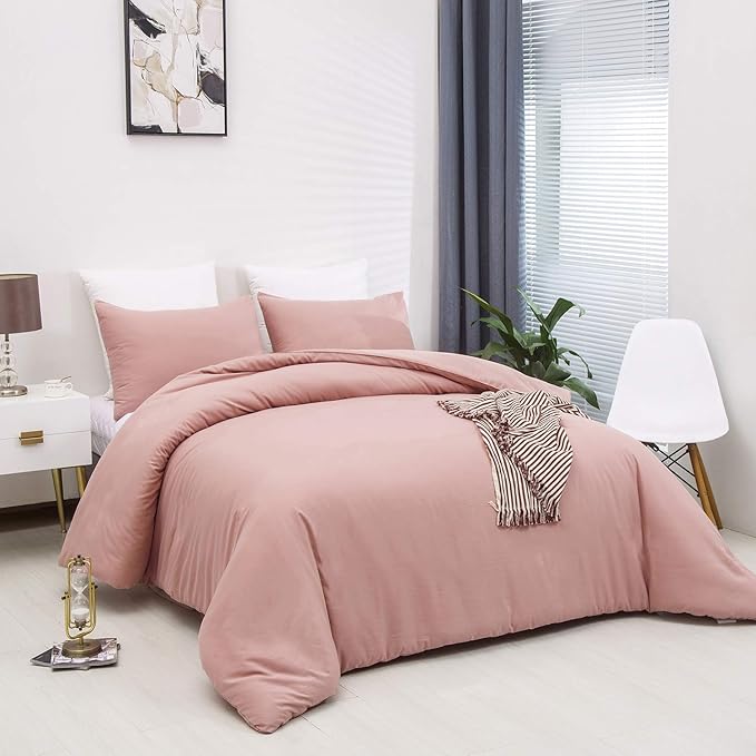 Pureant Blush Pink Comforter Set Queen Solid Color Bedding Comforter Sets Cotton Bedding for Women Girls Bean Pink Comforter Soft Cute Color Queen Blanket Quilts Muave Queen Size Comforter