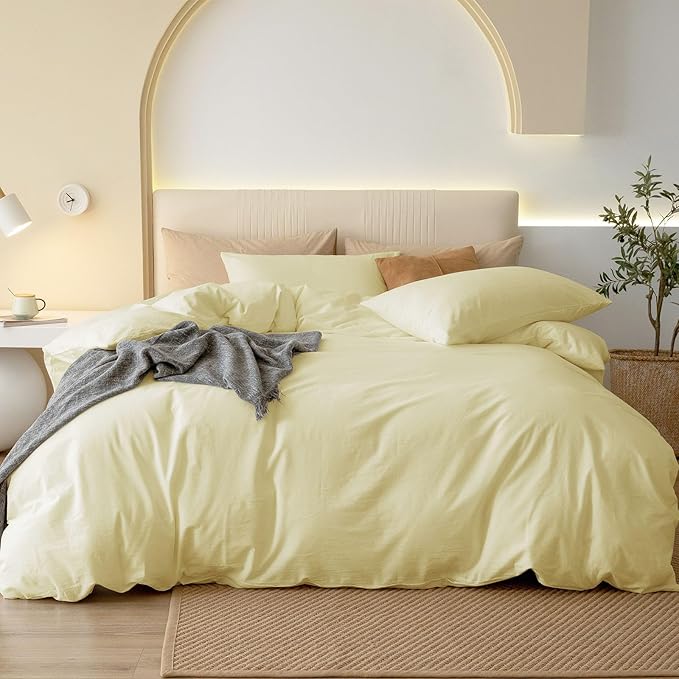 JIYUAN 100% Washed Cotton Duvet Cover Set 3 Pieces Full, 1 Duvet Cover 80x90 Inches(Comforter Not Included) and 2 Pillowcases,Linen Feel Bedding Set Comfy and Breathable,Light Yellow