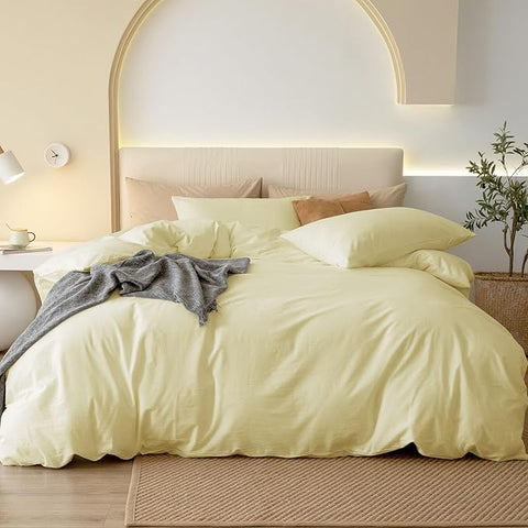 JIYUAN 100% Washed Cotton Duvet Cover Set 3 Pieces Full, 1 Duvet Cover 80x90 Inches(Comforter Not Included) and 2 Pillowcases,Linen Feel Bedding Set Comfy and Breathable,Light Yellow