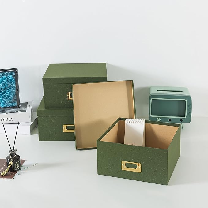 Soul & Lane Green Kraft Paper Boxes for Storage - Set of 3 Square Stacking Boxes with Lids and Gold Label Holders, Decorative Photo Storage, Nesting Cardboard Set for Decor and Organizing