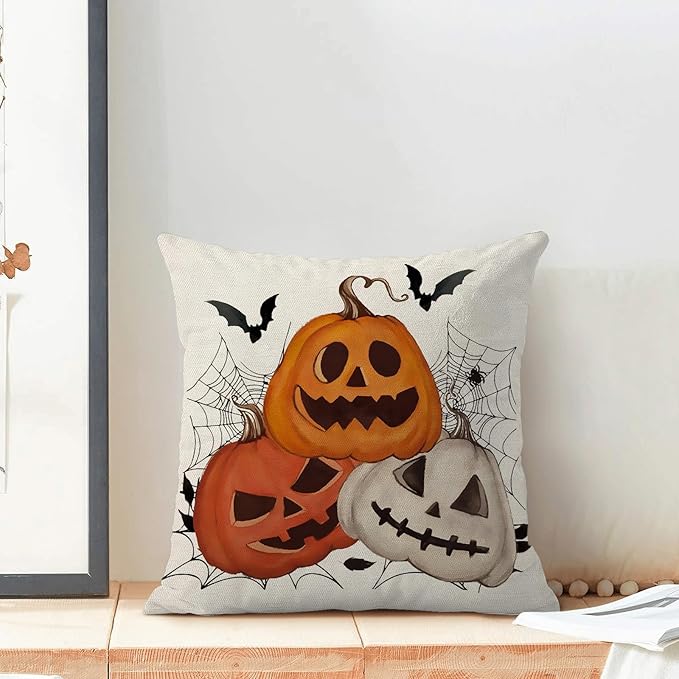 Halloween Pillow Covers 18x18 Set of 2 Black Spider Web Bat Orange Pumpkin Decorative Throw Pillow Covers Outdoor Decor Autumn Halloween Pillowcase Farmhouse Linen Cushion Case for Sofa Couch