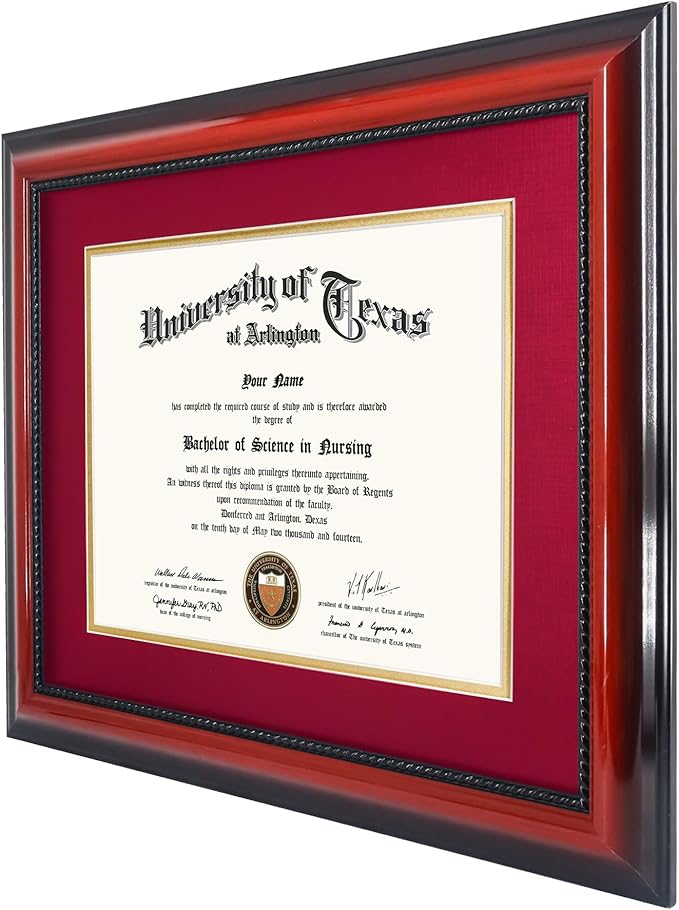 11x14 Diploma Degree Frame with Red Mat or Display 15x18 Certificates without Mat,Solid Wood,Cherry Finish with Intricate Black Rope Detail,UV Protection Acrylic