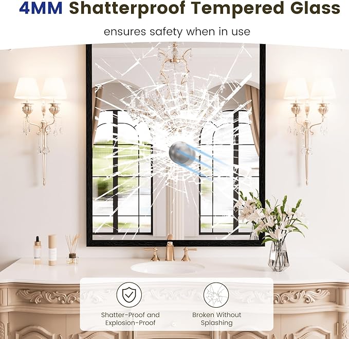 WEER Black Framed Mirror, 28X36 Inch Matte Black Wall Mirror for Bathroom, Rectangular Black Bathroom Vanity Mirror, Tempered Glass, Anti-Rust, Hangs Horizontal or Vertical