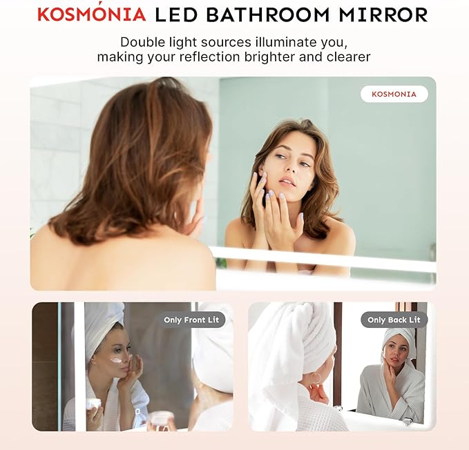 28x36'' LED Bathroom Mirror with Light, Frameless, Dimmable Front & Backlit, Anti-Fog, Distortion Free, Light Memory, Tempered and Shatter-Proof Wall Mounted Vanity Silver Coating Mirror