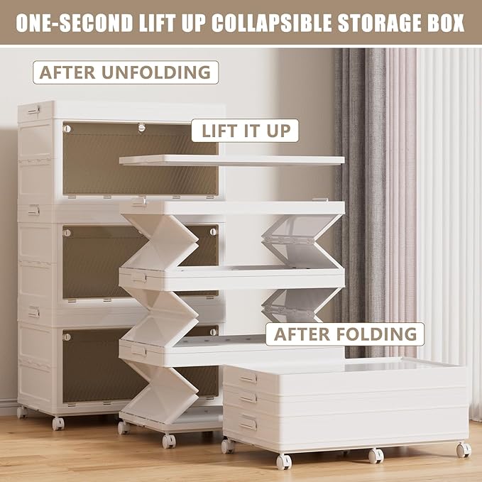 70gal / 282qt Stackable Storage Bins With Lids, 3-Tier Plastic Storage Bins With Wheel, Closet Organizers And Storage, Collapsible Storage Cabinet For Bedroom, Dorm Room, Study, Office