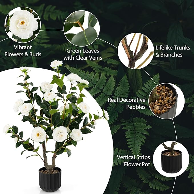Goplus 38’’ Artificial Camellia Tree, 2 Pack Flower Plants Artificial Tree, Faux Floral Plant Blooming Tree in Cement Pot, Greenery Potted Plant for Indoor Outdoor Office Home Porch Decor