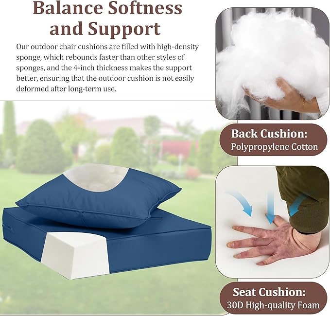 Waterproof Outdoor Chair Cushion Set of 4, 24x24x5 IN Deep Seat Patio Cushions with Fade Resistant Removable Cover,Outdoor Cushions for Patio Furniture with Ties&Handle for Chair Sofa Couch,Dark Blue