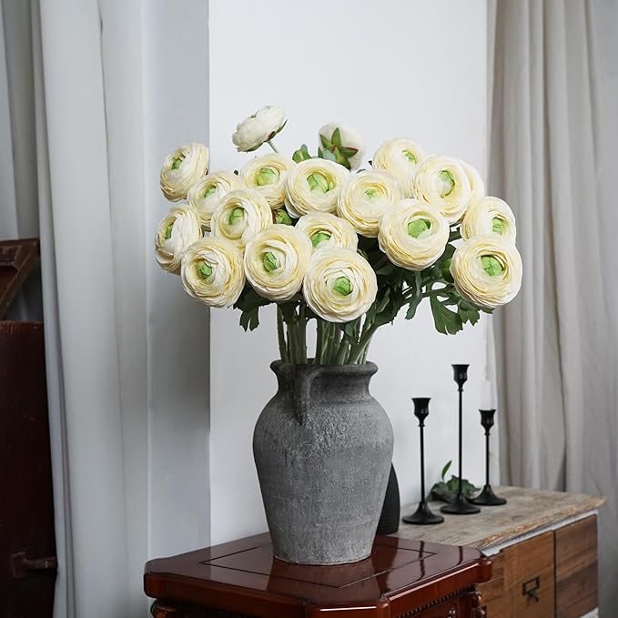 10PCS Artificial Ranunculus Flowers with Real Touch Stem Silk Ranunculus Blooming Flowers Faux Leave for Home Decor Bouquet Ivory Artificial Mums