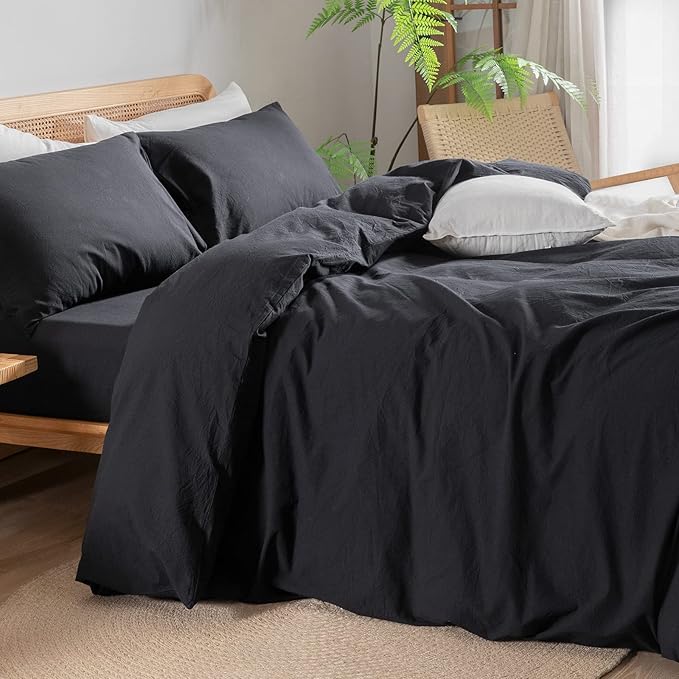 BESTOUCH Duvet Cover Set 100% Washed Cotton Linen Feel Super Soft Comfortable Chic Lightweight 3 PCs Home Bedding Set Solid Deep Black Super Queen
