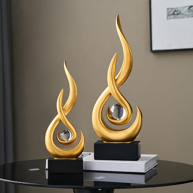 FJS Gold Decor Modern Flame Statue Home Decorations for Living Room, 13.7" H Resin Sculptures Home Décor Accents, Abstract Art Sculpture for Dining Room Office Coffee Table Centerpiece