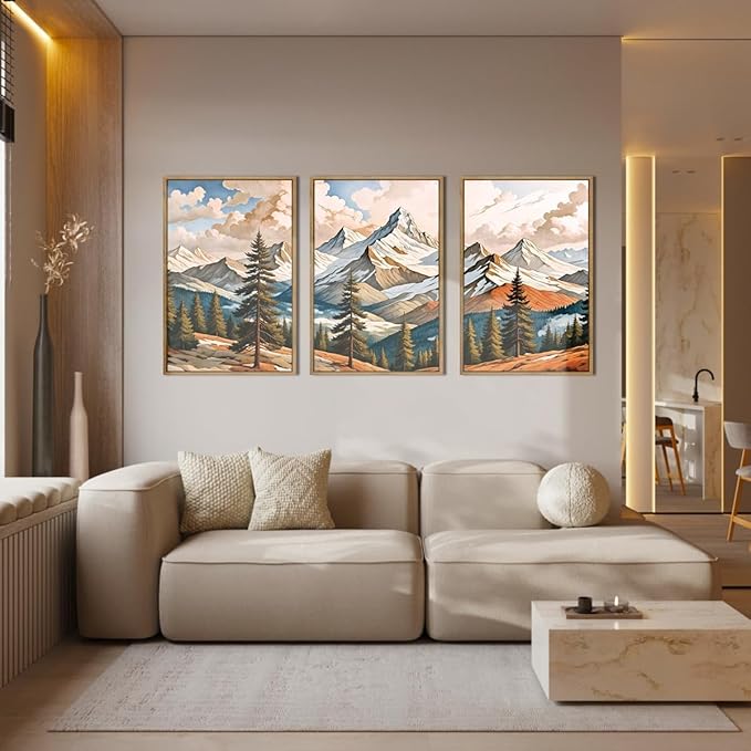 Large Woodcut Style Mountains Framed Canvas Wall Art,Vintage Pine Trees Wall Decor,Boho Natural Snow Ridge Artwork,Modern Woodland Landscape Art Print for Living Room,Bedroom,Office-24 x36 x3