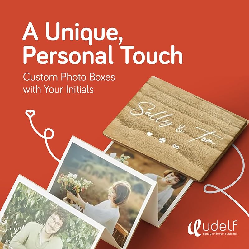 udelf Personalized Wooden Photo Box Gift with Accordion Picture Pull Out-Custom Gifts for Couples, Wedding Keepsake Box, Anniversary Box, Picture Box Gift with Couple Names-Holds 14 Photo Prints 3"x2"