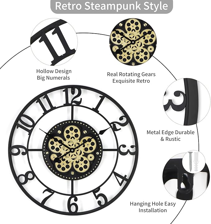 24 Inch Large Wall Clocks for Living Room Decor with Moving Gears,Large Wall Clock Industrial Steampunk,Oversized Metal Analog Wall Clocks for Farmhouse Home Battery Operated