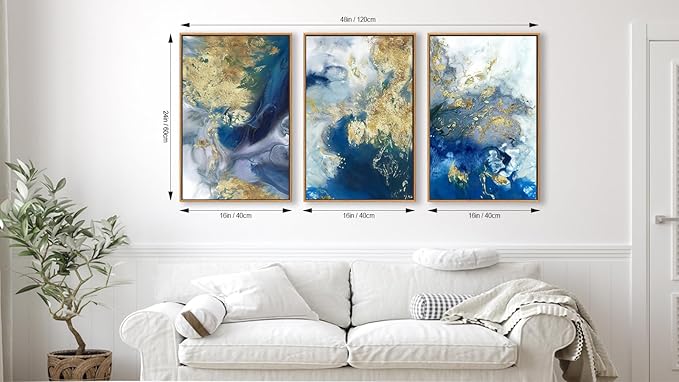 Large Abstract Framed Wall Art - Natural Float Framed Colorful Canvas Pictures Decor Blue Gold White Background Modern Artwork for Bedroom Living Room Kitchen Home Office Decoration 48" X 24" Set of 3