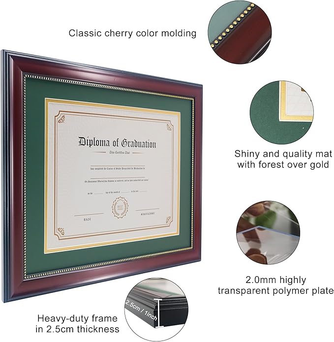 GraduatePro 8.5x11 Diploma Frame with Forest Over Gold Mat or Display 11x14 Document Without Mat, CPA License Frame, UV Protection Acrylic, Mahogany with Gold Beads