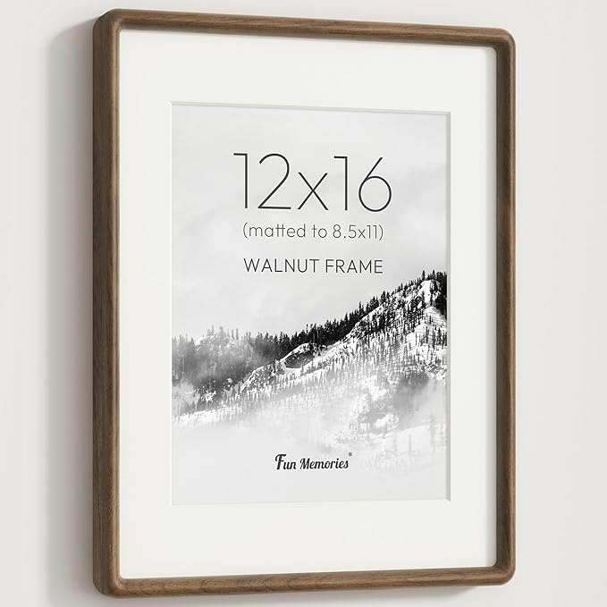 12x16 Picture Frame, Solid Walnut Wood Frame with Real Glass, Hard Wood 12 by 16 Photo Frame for Wall & Tabletop Display, 12x16 Picture Frame Matted to 8.5x11, Natural Walnut Color