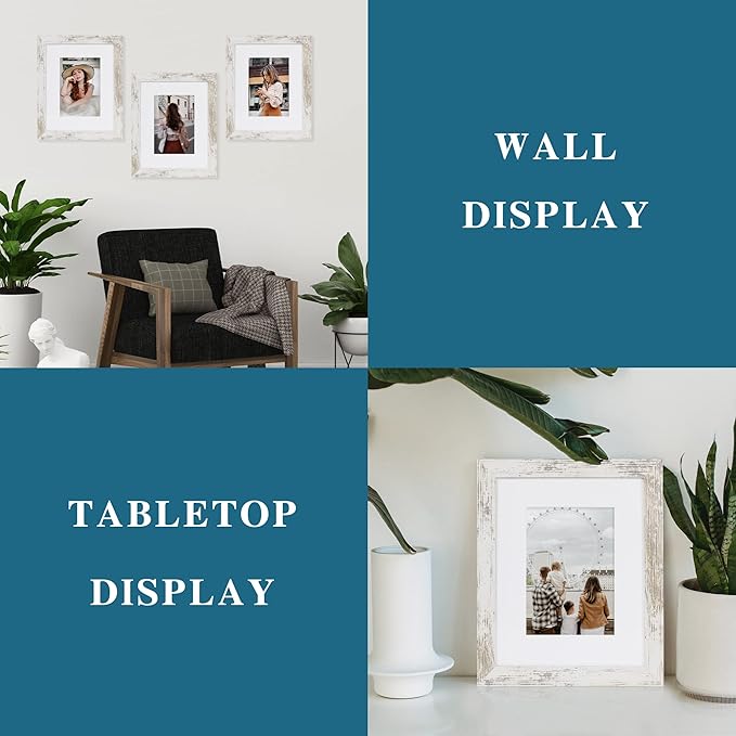 8x10 Picture Frame Set of 2, Made of Real Glass and Distressed White Wooden Frame - Display Picture 5x7 with Mat or 8x10 Without Mat, 8 by 10 Photo for Wall or Tabletop