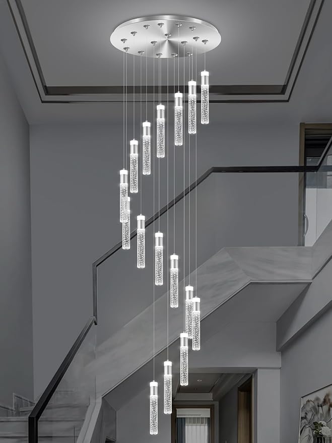 16-Light Silver Modern Crystal Raindrop Chandelier for Foyer Stair Well Entrance 118" Long Crystal Bubble Column Chandelier for High Ceiling Dimmable Lighting Fixtures
