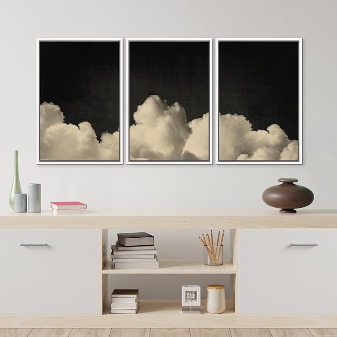 MUDECOR Framed Canvas Print Wall Art Dramatic Cloudscape Black and Beige Sky Illustrations Realism Decorative for Living Room, Bedroom, Office - 16"x24"x3 White
