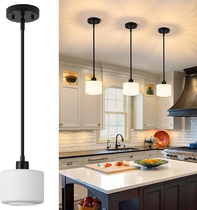 Milk Glass Pendant Lights Kitchen Island, 1-Light Modern Black Hanging Light Fixtures with Rods, Mini Kitchen Pendant Lighting Over Island for Sink Bathroom, OS-YQ8153-1PBK