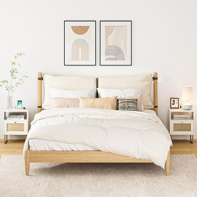Rattan Nightstand with Charging Station, Boho Night Stand Farmhouse Wood Bedside Table with Storage and Open Shelf, End Side Accent Table for Bedroom,Living Room,White