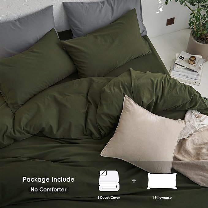 MooMee Twin Duvet Cover Set, 100% Washed Cotton Linen Like Twill Thick Sturdy Material Super Soft Breathable Durable Bedding for All Season, 2 Pieces (Olive Green, Twin 68"x90")
