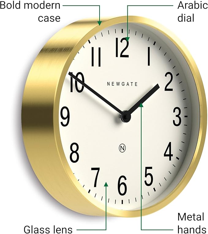 NEWGATE® Master Edwards Wall Clock | Mid Century Style Clock | 12 inch | Deep Metal case with Brass/Gold Finish | Modern Retro Design for Kitchen, Living Room or Office