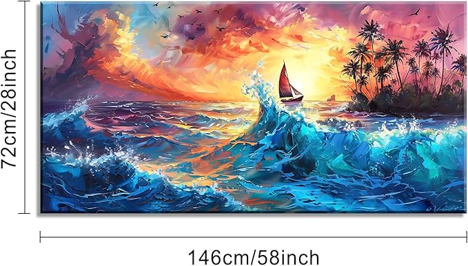Sailboat Coconut Grove and Blue Waves Under the Sunset Oil Painting Style Wall Art Decor Artwork for Bedroom (30x60 Inches)
