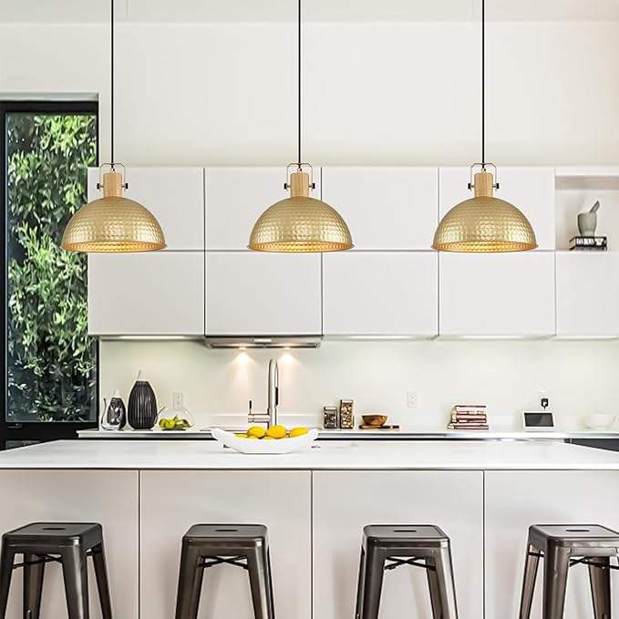 12 Inch Gold Pendant Lights Hammered Matte Pendant Lights for Kitchen Island Industrial Farmhouse Adjustable Height Dome Hanging Light Fixtures for Barn, Dining Room 1 Pack