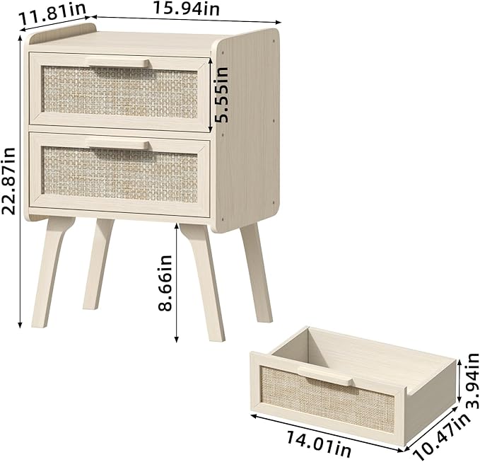 Lerliuo Rattan Nightstands Set of 2, Boho Night Stand with 2 Drawers, Cane Accent Side End Table, Bedside Table with Solid Wood Legs for Bedroom, Dorm and Small Spaces (Grey Oak)