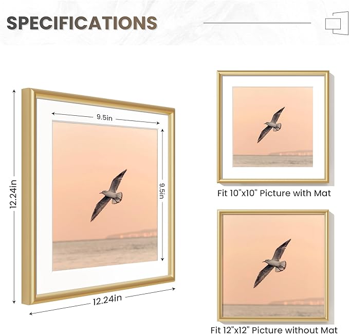 12x12 Gold Picture Frame, 12 x 12 Metal Frame Set of 3, Modern Gold Aluminum Frames with Tempered Glass, Matted to 10x10, Square 12 by 12 Wall Gallery Frame Set