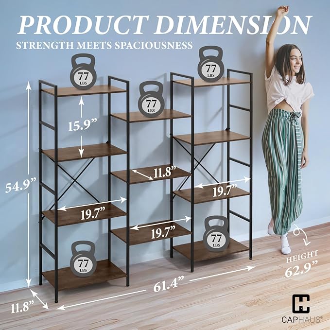 CAPHAUS Triple Column 4 Tier Bookshelf, Industrial Triple Bookcase with 11 Open Display Shelves, Adjustable Wide Shelf for Living Room, Bedroom, Home and Office, Rustic Oak