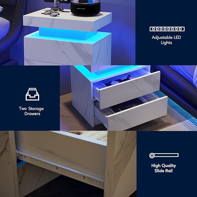 LED Nightstands Set of 2, Modern End Side Table with 2 Drawers, LED Bedroom Furniture for Bedroom and Living Room, White Marble Pattern