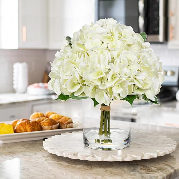 Hollyone Real Touch White Hydrangea Artificial Flowers in Vase Latex Large Faux Hydrangea Flowers Arrangements Hydrangeas Fake Flower with Glass Vase with Faux Water for Table Centerpiece Home Decor