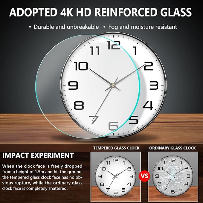 8 Inch Modern Wall Clocks Battery Operated - Silent Non Ticking Quartz Analog Clock with Large Numbers, Easy to Read Digital Wall Clock for Bedroom, Living Room, Kitchen, Office, Gym, Black